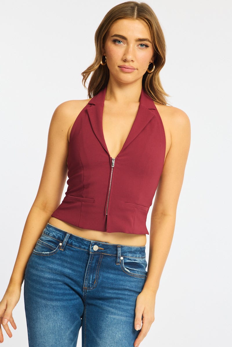 Red Collared Front Zip Halter Top